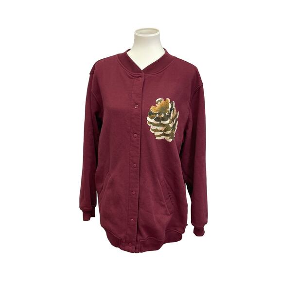 Hand Printed Medium Upcycled Rustic Woody Pine Cone Long Sleeve Snap Sweatshirt - Picture 1 of 5